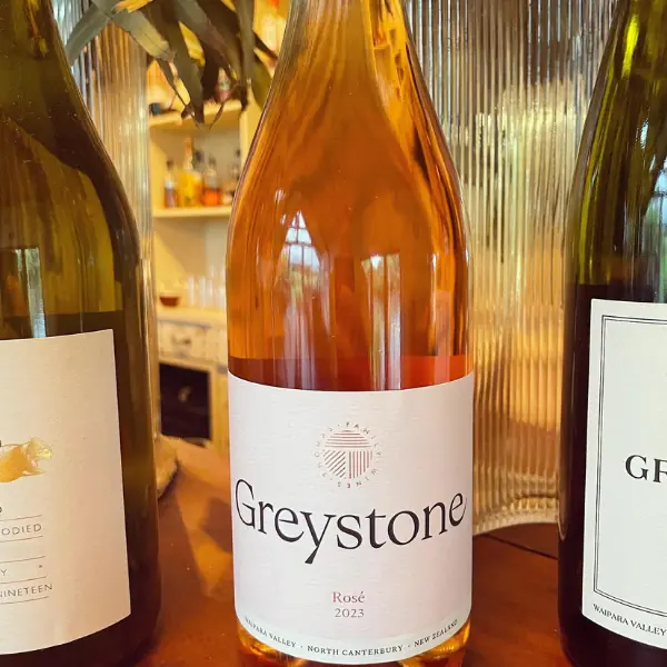 Bottle of Greystone Rosé 2023 from North Canterbury on display at Volcanoview restaurant, Taranaki.
