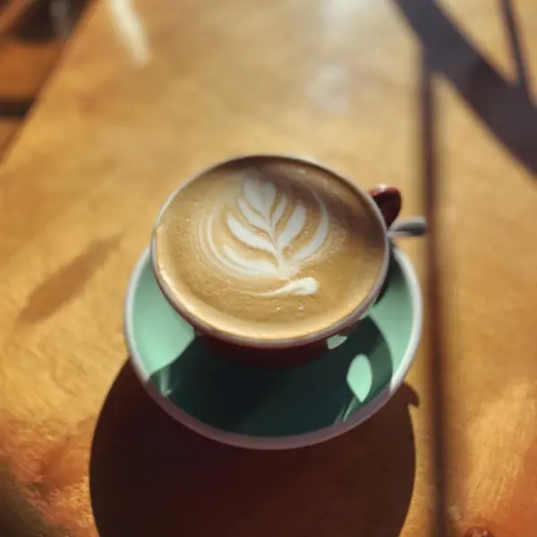 Artisan latte with leaf latte art in a brown cup and green saucer, served at Volcanoview café in Taranaki.